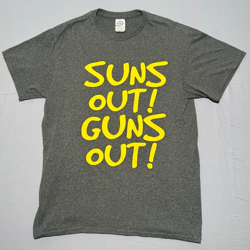 "Suns Out! Guns Out!" Graphic T-Shirt - Yellow on Heather Gray